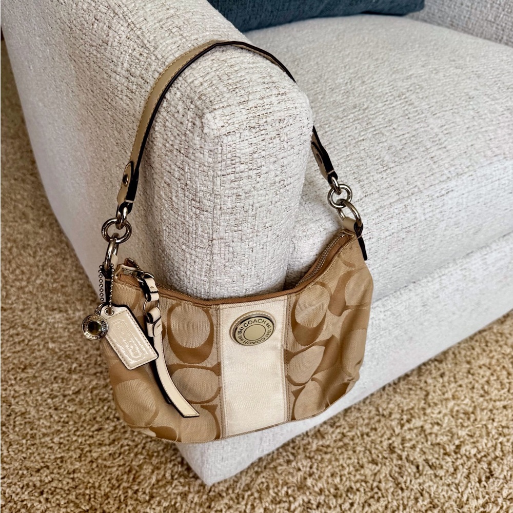 Coach Tan and Cream Shoulder Bag with Signature Monogram